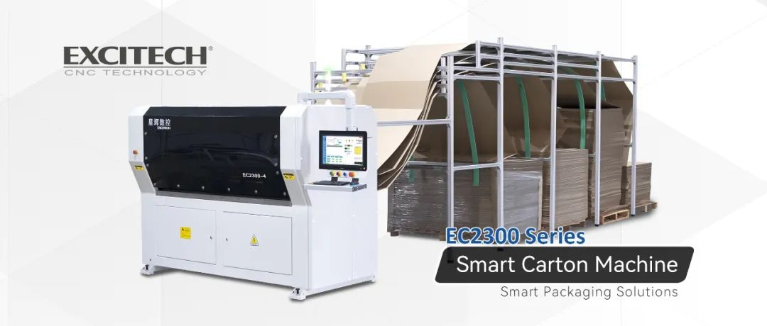 Mașină de tăiat cutii de carton EXCITECH EC2300 pentru ambalarea comenzilor de mobilă.